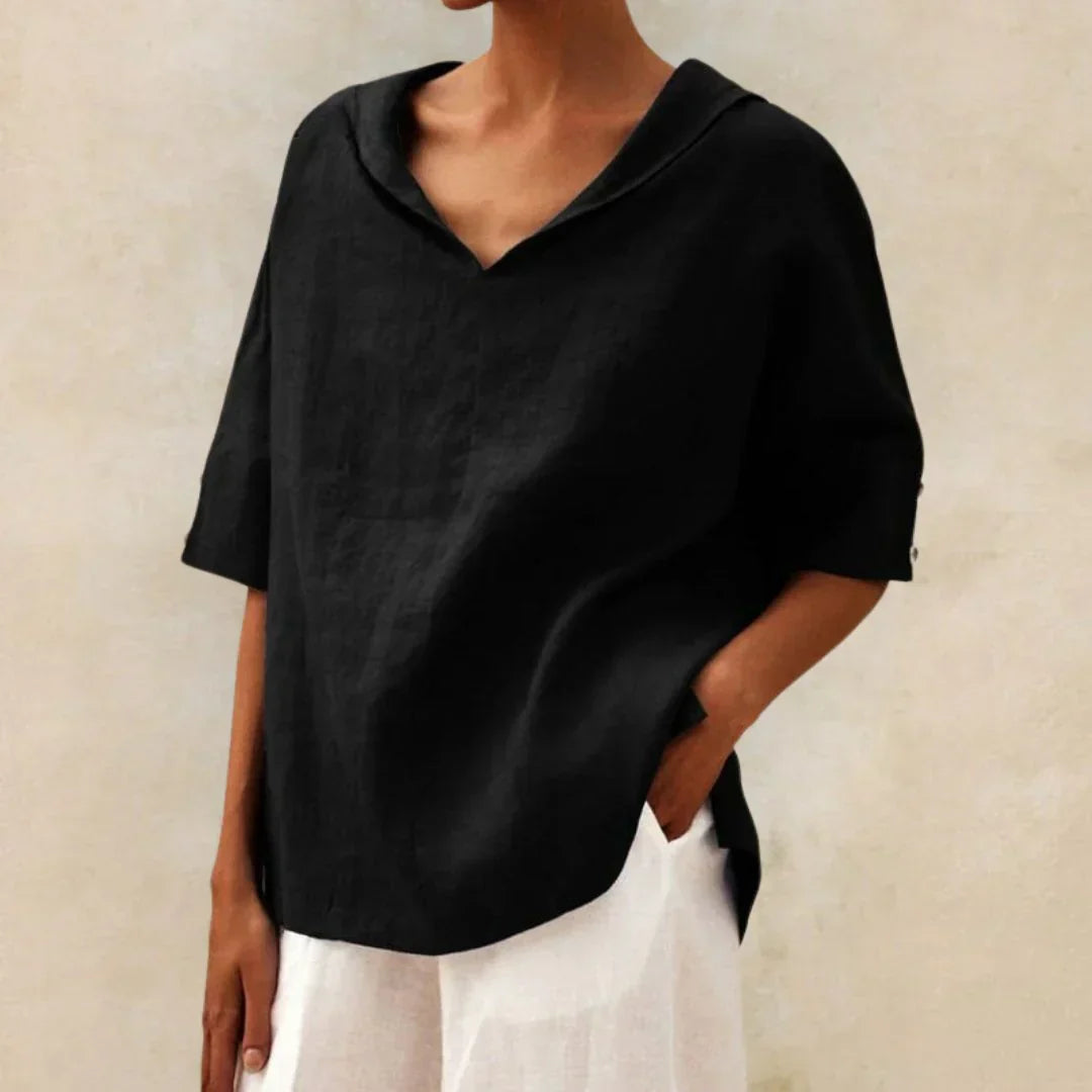 Momount Camisa em Linho de Mulher – Decote em V com Gola de Lapela Oversized de Verão
