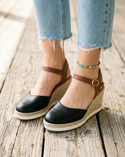 Momount Women Espadrille Sandals – Closed-Toe Leather Slingback Platform - Black lifestyle