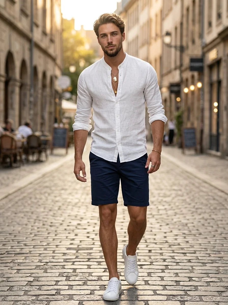 Momount Men Linen Shirt – Long Sleeve Slim Fit Button Up Casual - White - lifestyle_street