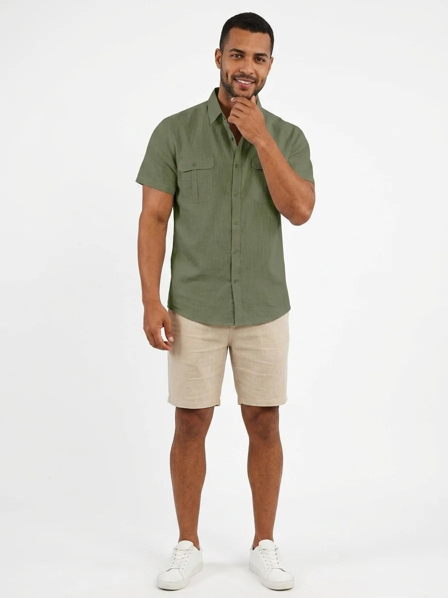 Momount Men Linen Shirt – Short Sleeve Double Chest Pocket Utility Casual - Army Green - front