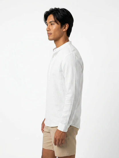 Momount Men Linen Henley Shirt – Long Sleeve Band Collar Breathable Casual - White - side