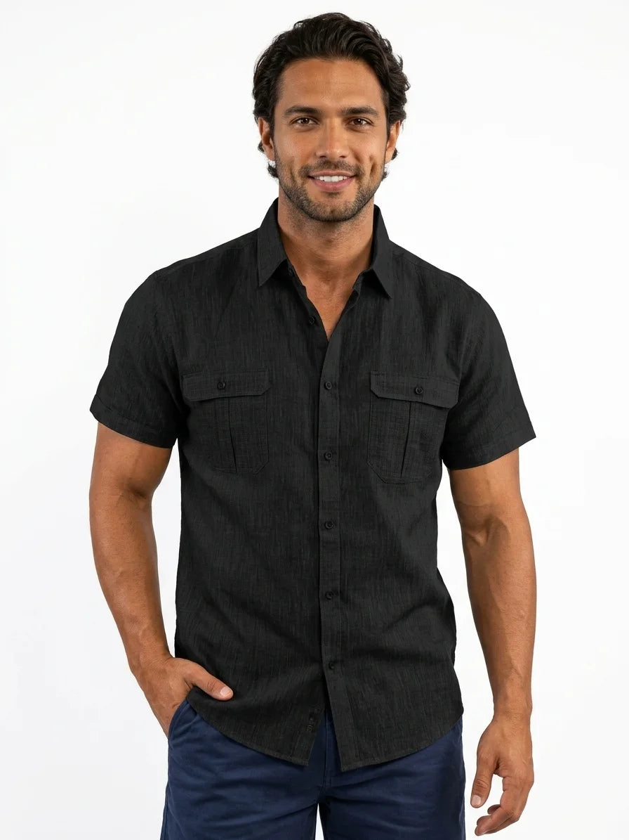 Momount Men Linen Shirt – Short Sleeve Double Chest Pocket Utility Casual - Black - front