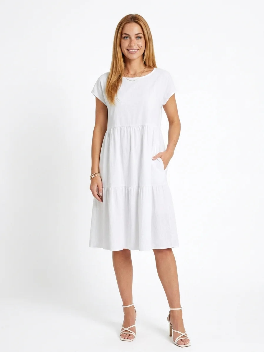 Amadea | Cotton Short Sleeve Tiered Summer Midi Dress - White - front