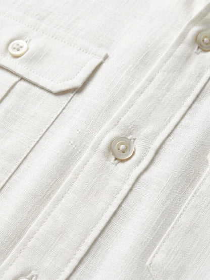 Momount Men Linen Shirt – Short Sleeve Double Chest Pocket Utility Casual - White - detail