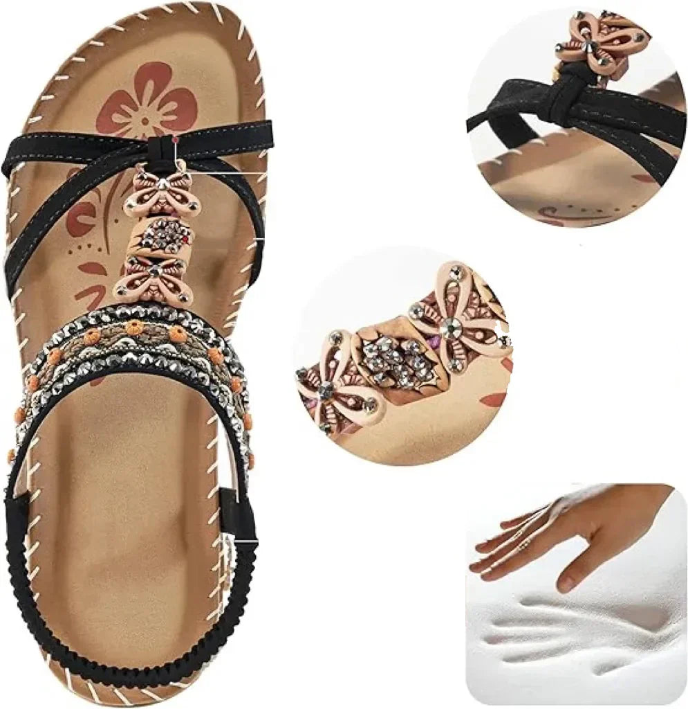 Momount Sandálias com Tira Posterior Mulher – Verde Água Boho com Missangas e Strass Rasas