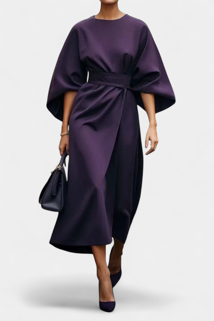Momount Vestido Midi de Trabalho de Mulher – com Cinto Corte Solto Manga Larga Elegante de Escritório