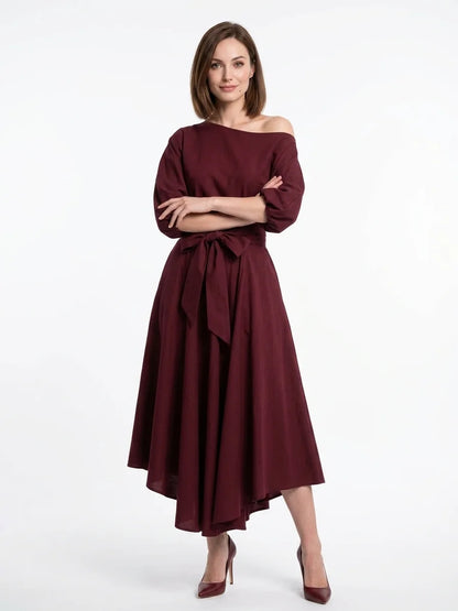 Ameliana | Elegant Off Shoulder Belted Summer Midi Dress - Wine Red - front