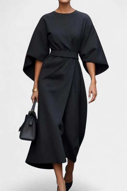 Momount Vestido Midi de Trabalho de Mulher – com Cinto Corte Solto Manga Larga Elegante de Escritório