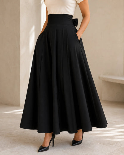 Saia midi de senhora de cintura subida com laço e bolsos — image 1