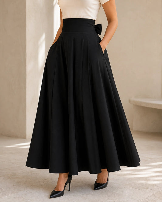 Saia midi de senhora de cintura subida com laço e bolsos — image 1