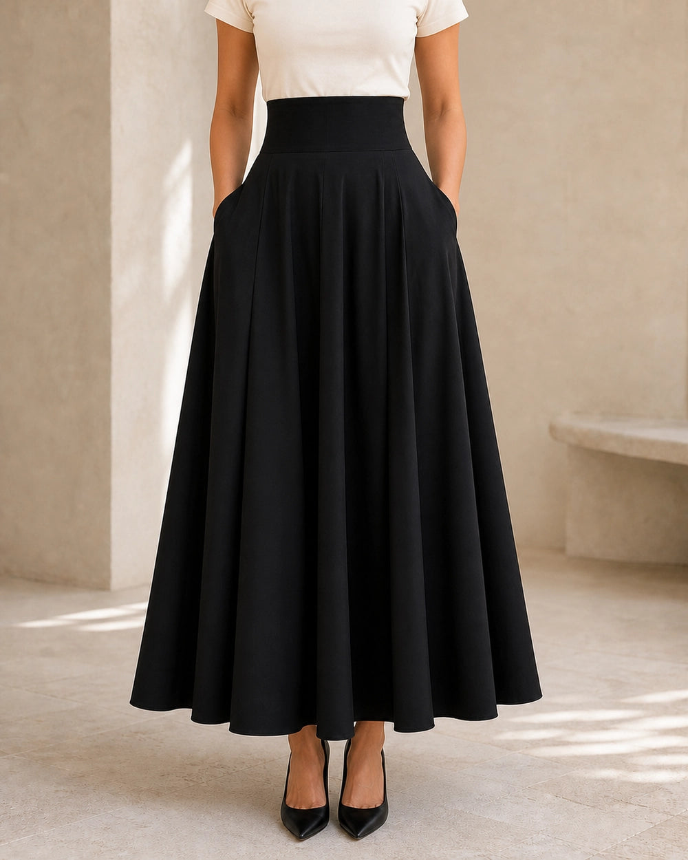 Saia midi de senhora de cintura subida com laço e bolsos — image 2