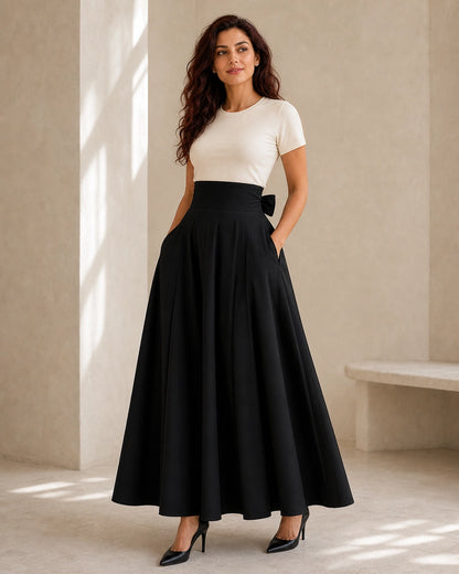 Saia midi de senhora de cintura subida com laço e bolsos — image 3