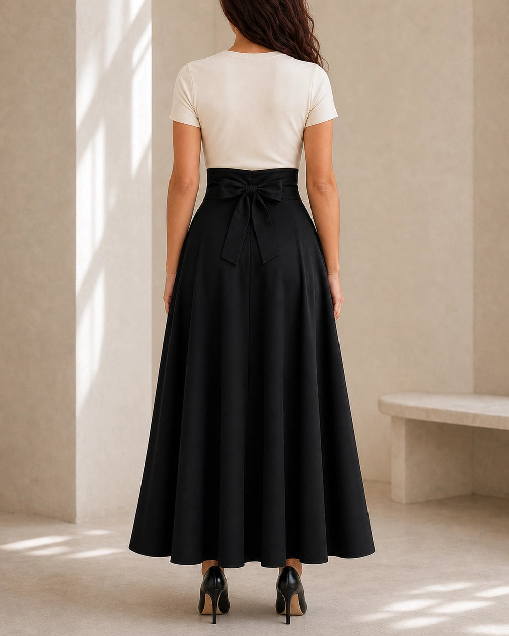 Saia midi de senhora de cintura subida com laço e bolsos — image 4
