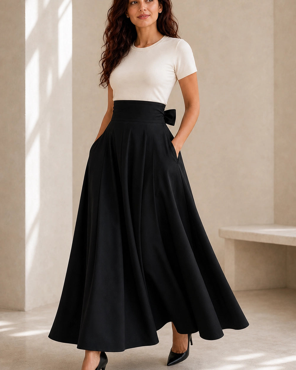 Saia midi de senhora de cintura subida com laço e bolsos — image 6