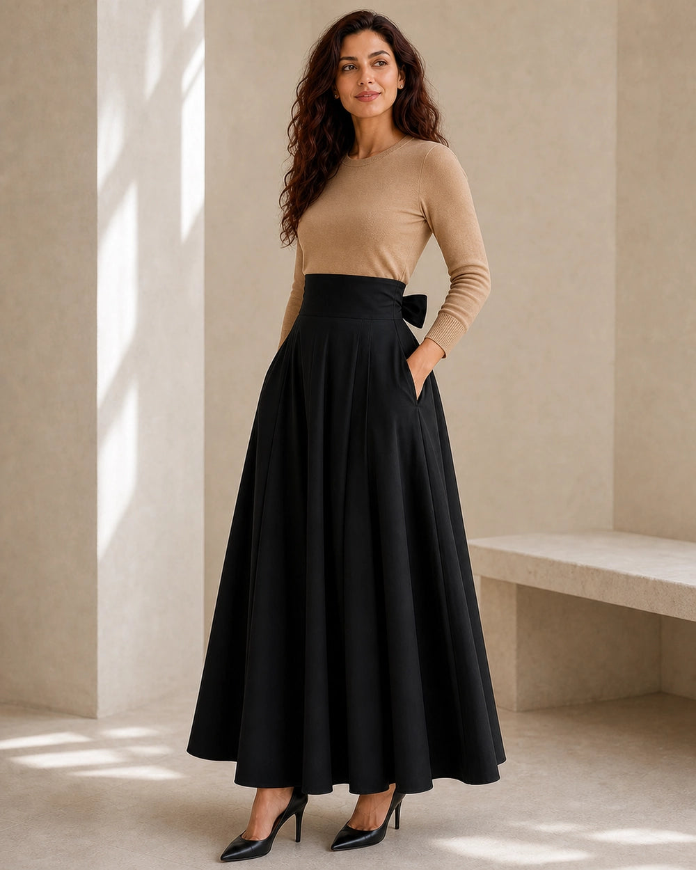 Saia midi de senhora de cintura subida com laço e bolsos — image 7