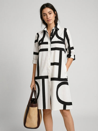 Momount Vestido Camiseiro Mulher – Estampado de Letras Abstratas com Botões Midi