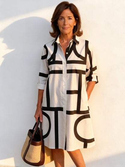 Momount Vestido Camiseiro Mulher – Estampado de Letras Abstratas com Botões Midi