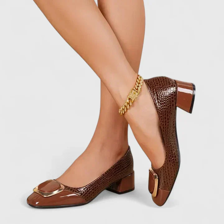 Momount Mocassins Mulher – Crocodilo com Corrente Dourada Salto Largo