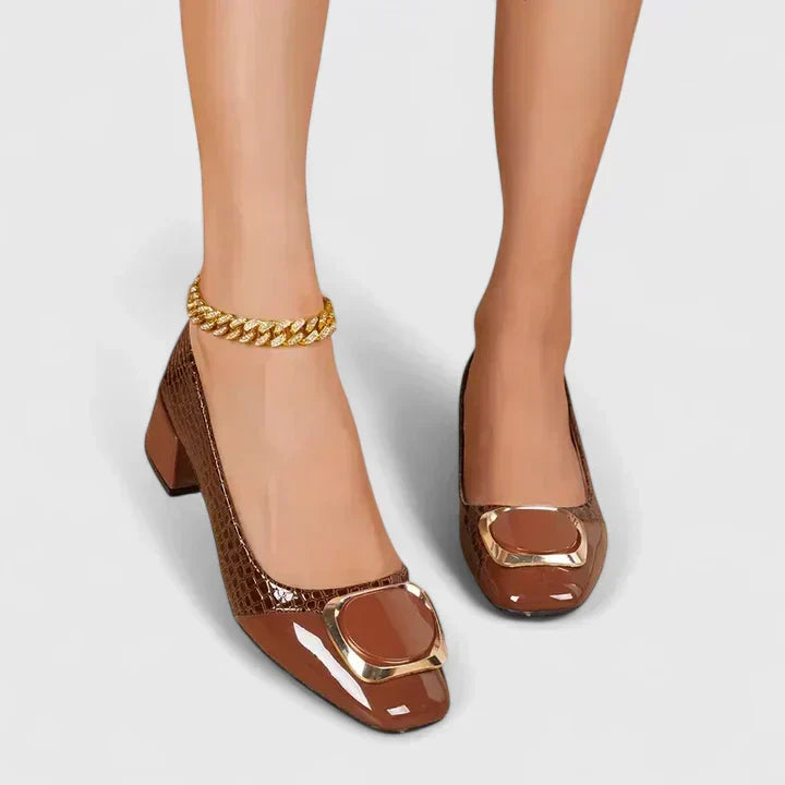 Momount Mocassins Mulher – Crocodilo com Corrente Dourada Salto Largo