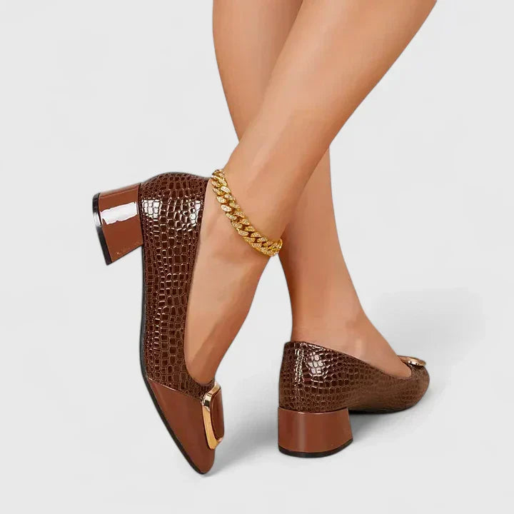 Momount Mocassins Mulher – Crocodilo com Corrente Dourada Salto Largo