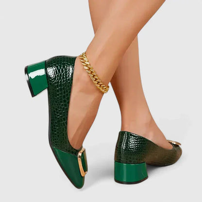 Momount Mocassins Mulher – Crocodilo com Corrente Dourada Salto Largo