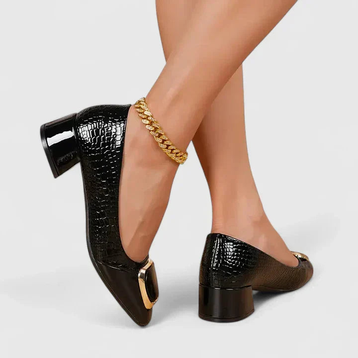 Momount Mocassins Mulher – Crocodilo com Corrente Dourada Salto Largo