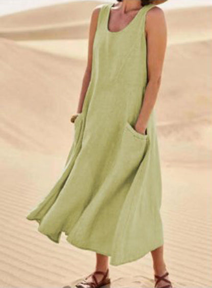 Melisande | Vestido Maxi em Linho Decote Redondo Largo