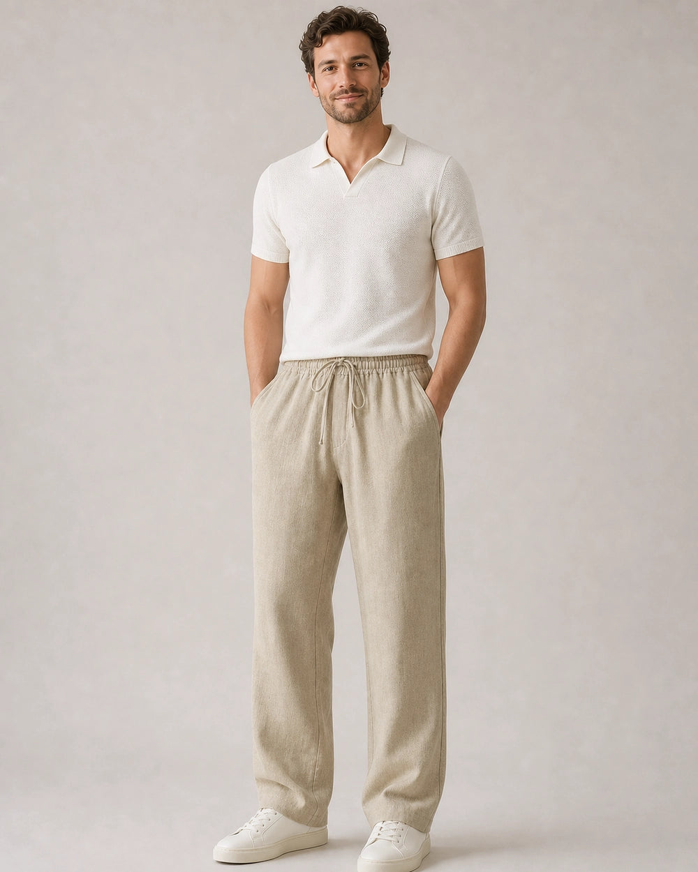 Man wearing beige linen wide-leg pants in a complete summer look.