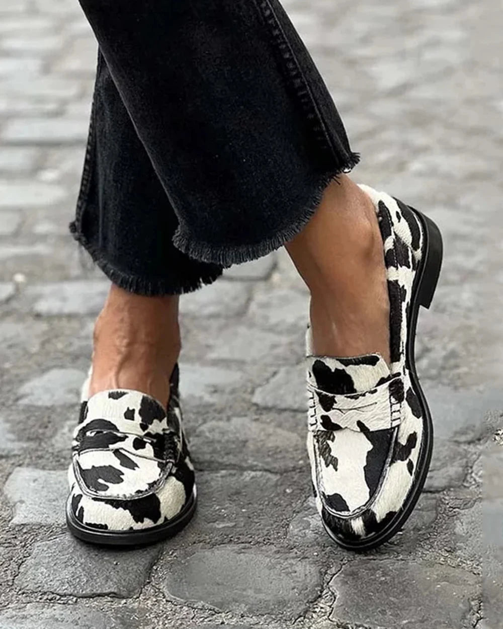 Rosalind | Cow Print Comfort Penny Loafers — loafers-for-women-patterned-slip-on-1-black-white-02-reference-view.webp