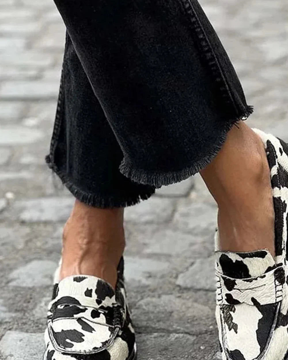 Rosalind | Cow Print Comfort Penny Loafers — loafers-for-women-patterned-slip-on-1-black-white-03-detail.webp
