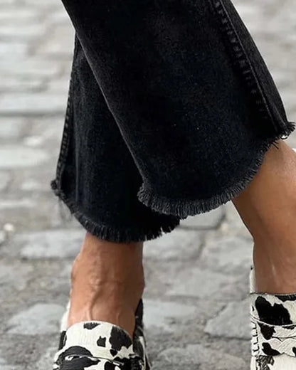 Rosalind | Cow Print Comfort Penny Loafers — loafers-for-women-patterned-slip-on-1-black-white-04-detail.webp