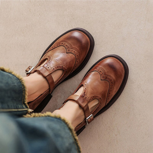 Momount Sapatos Mary Jane Mulher – Vintage Castanhos Oxford com Plataforma
