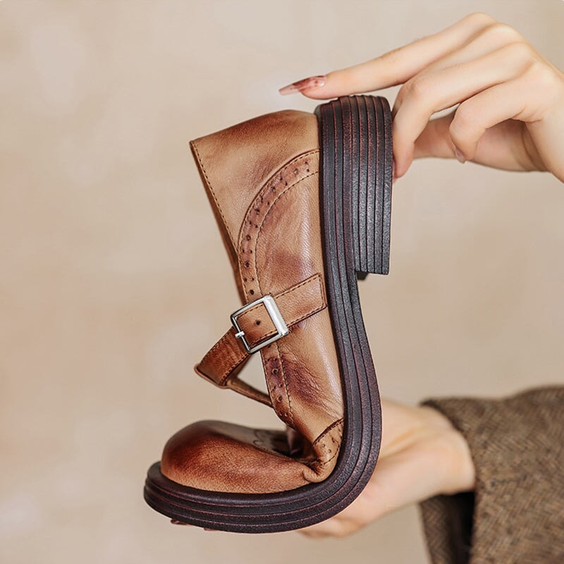 Momount Sapatos Mary Jane Mulher – Vintage Castanhos Oxford com Plataforma