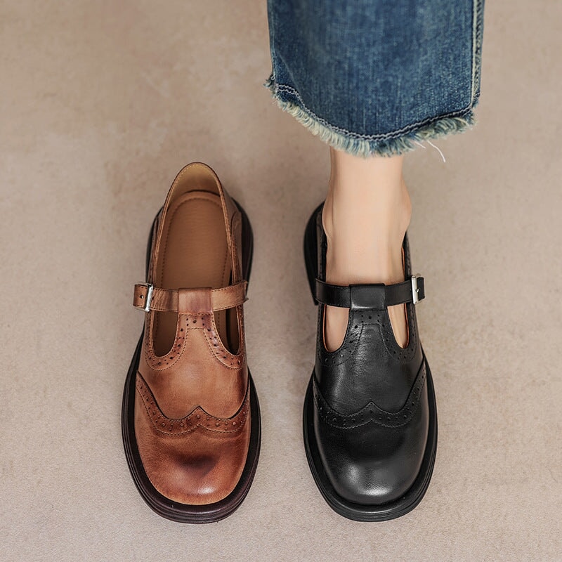 Momount Sapatos Mary Jane Mulher – Vintage Castanhos Oxford com Plataforma