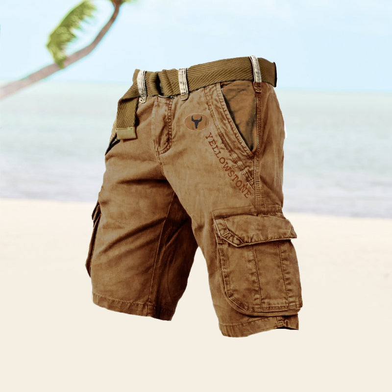 Momount Calções Cargo de Homem – Algodão Lavado com Cinto Vintage Envelhecido Comprimento ao Joelho