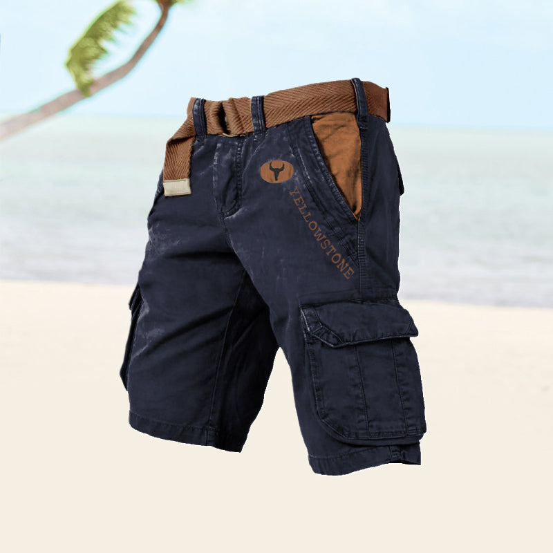 Momount Calções Cargo de Homem – Algodão Lavado com Cinto Vintage Envelhecido Comprimento ao Joelho