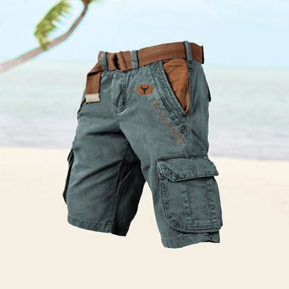 Momount Calções Cargo de Homem – Algodão Lavado com Cinto Vintage Envelhecido Comprimento ao Joelho