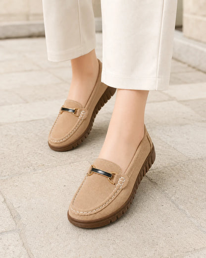 Mocassins bege de senhora com sola chunky e bridão — imagem do produto 7