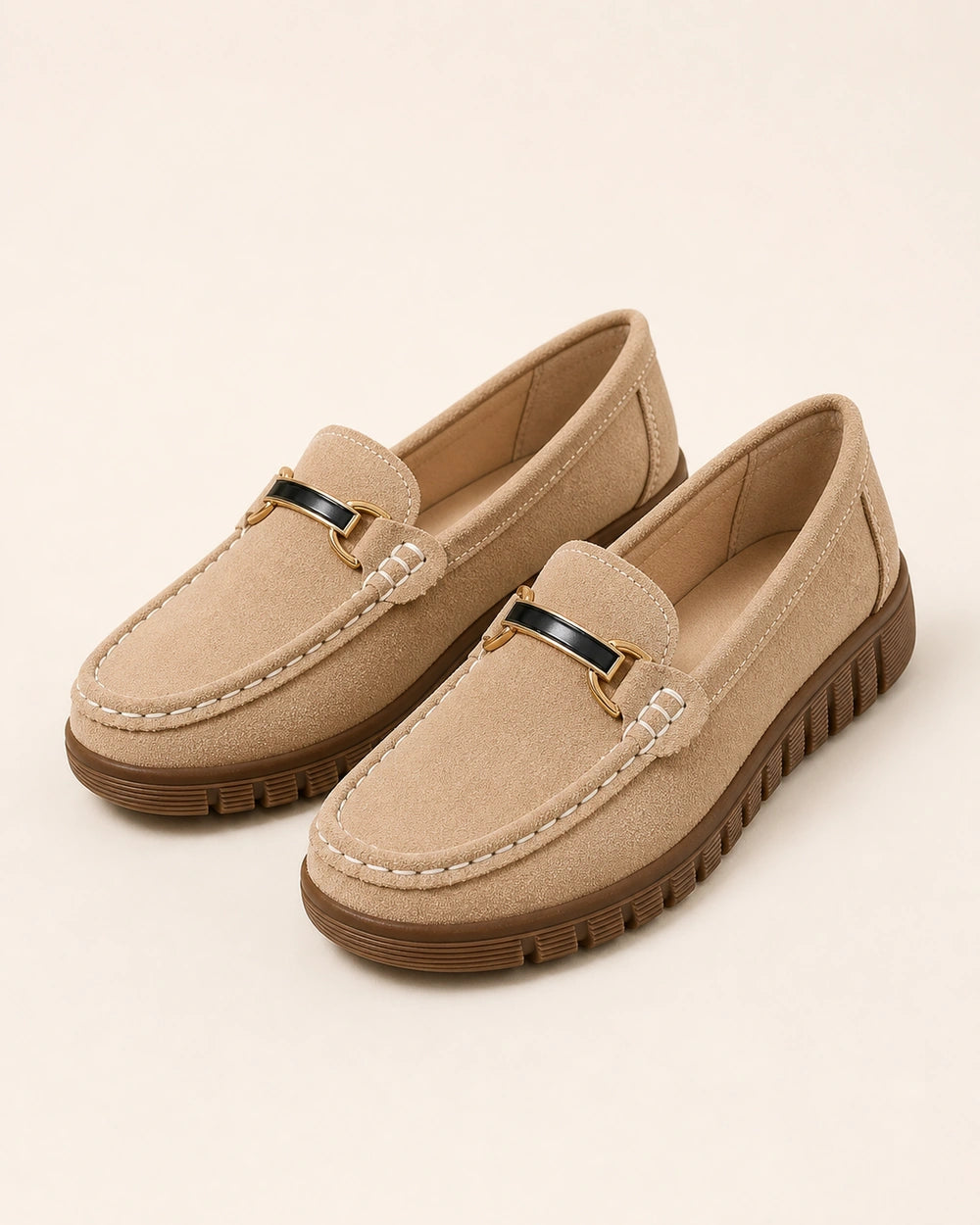 Mocassins bege de senhora com sola chunky e bridão — imagem do produto 9