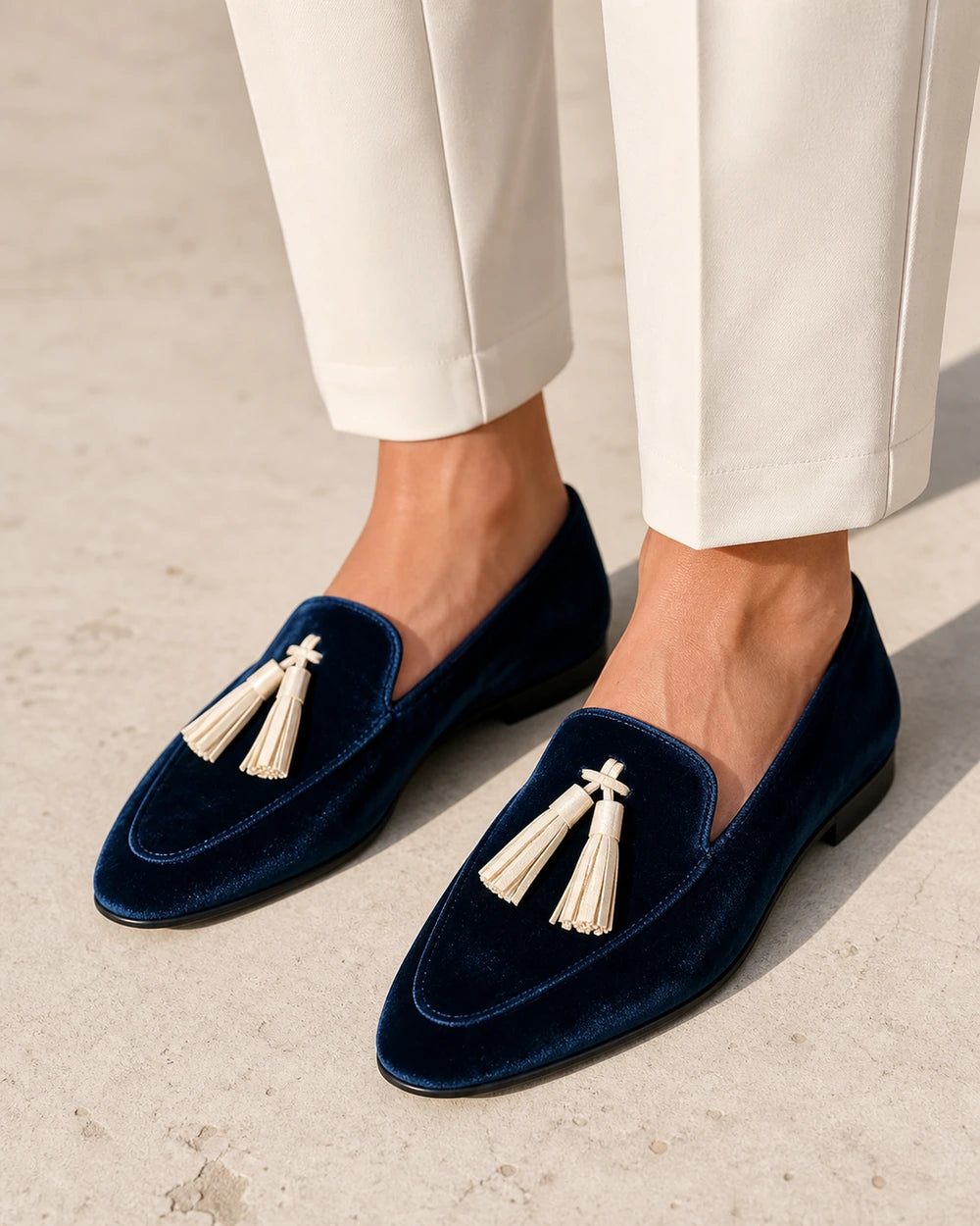 Mocassins azul-marinho de senhora com textura aveludada e borlas — imagem do produto 1