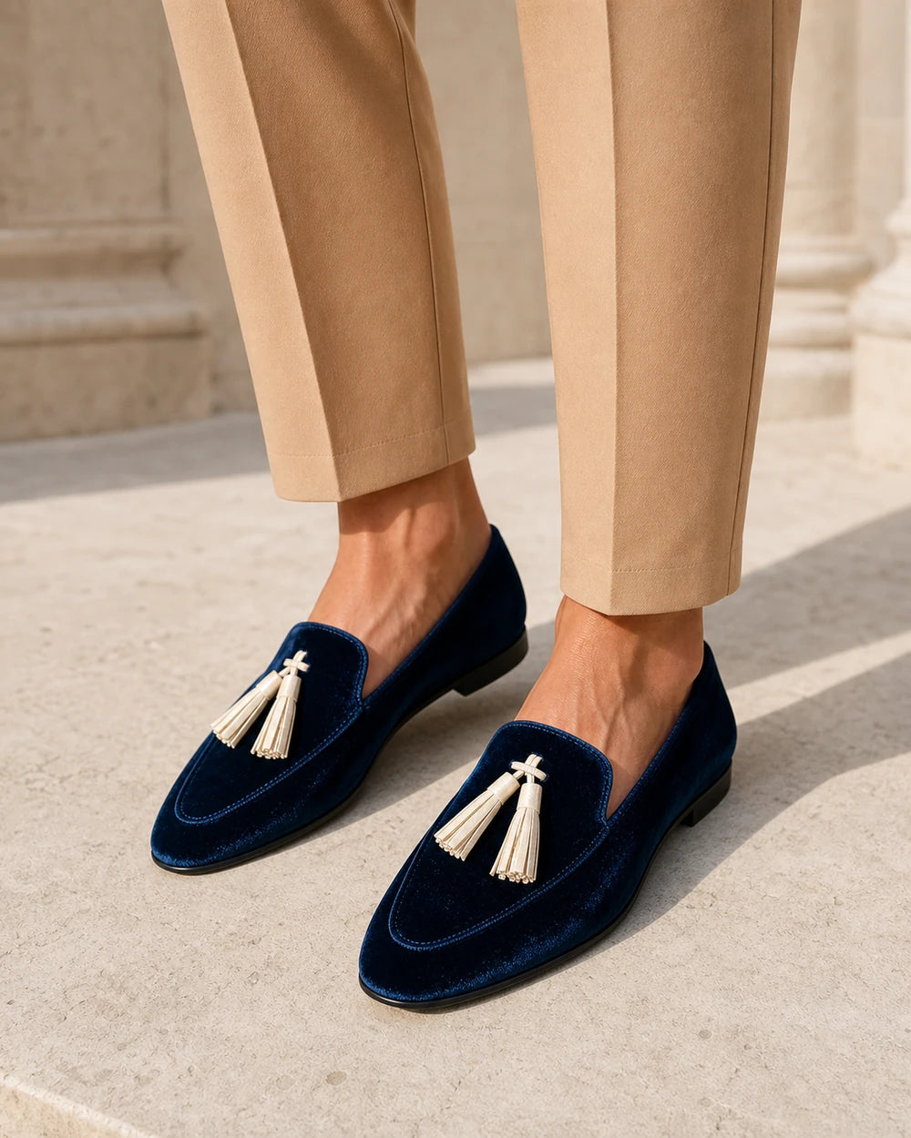 Mocassins azul-marinho de senhora com textura aveludada e borlas — imagem do produto 2
