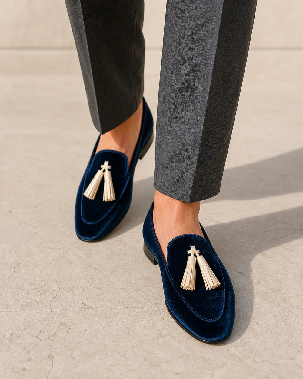 Mocassins azul-marinho de senhora com textura aveludada e borlas — imagem do produto 7