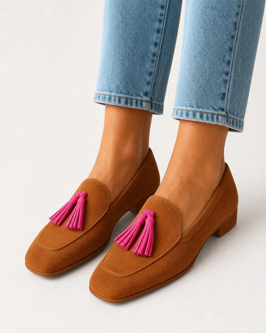 Mocassins conhaque de senhora com borlas rosa — imagem do produto 1