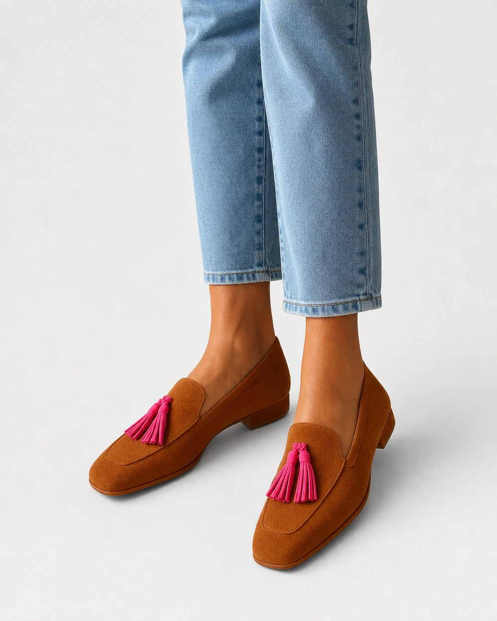 Mocassins conhaque de senhora com borlas rosa — imagem do produto 2