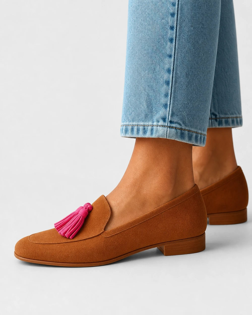 Mocassins conhaque de senhora com borlas rosa — imagem do produto 4