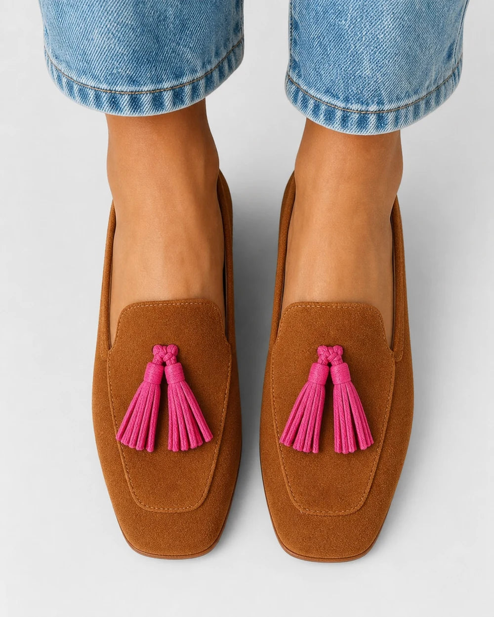 Mocassins conhaque de senhora com borlas rosa — imagem do produto 5