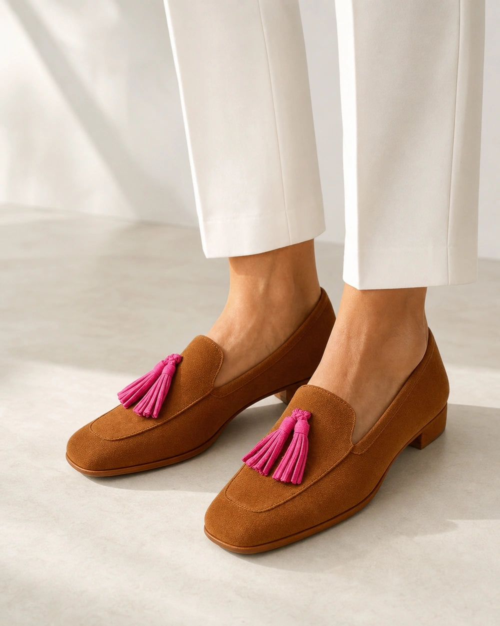 Mocassins conhaque de senhora com borlas rosa — imagem do produto 8