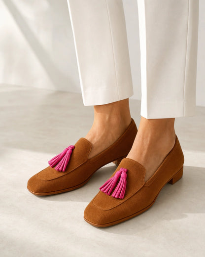 Mocassins conhaque de senhora com borlas rosa — imagem do produto 8
