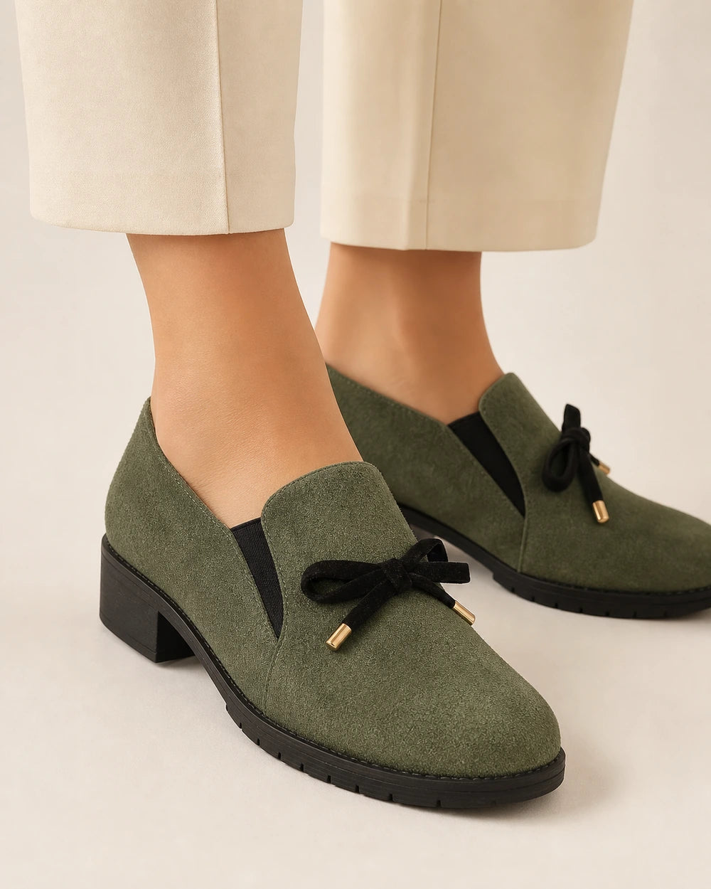 Mocassins pretos de senhora com biqueira brilhante e laço — imagem do produto 11