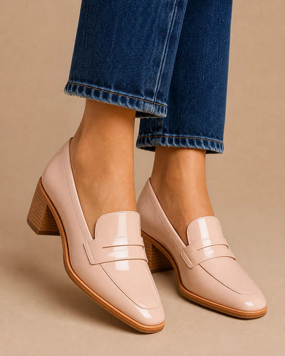 Mocassins rosa-pó brilhantes de senhora com salto baixo — imagem do produto 1